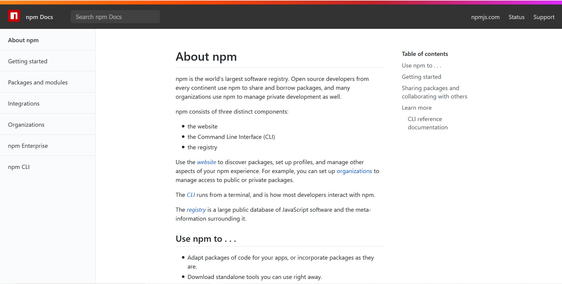 The about page of the node package manager website